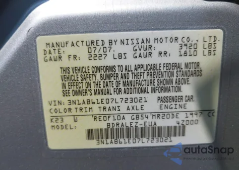 2007 Nissan Sentra 2.0S z USA, uszkodzony, nr VIN 3N1AB61E07L723021